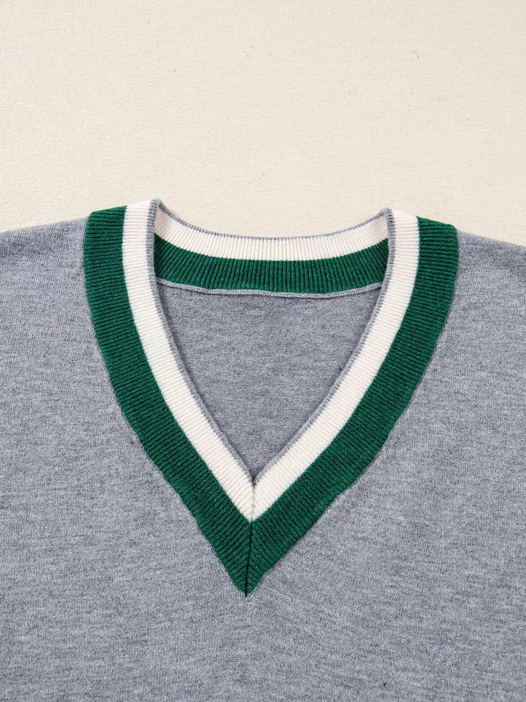 Contrast Striped Trim V Neck Varsity Sweater