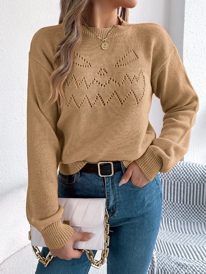 Openwork Round Neck Long Sleeve Sweater