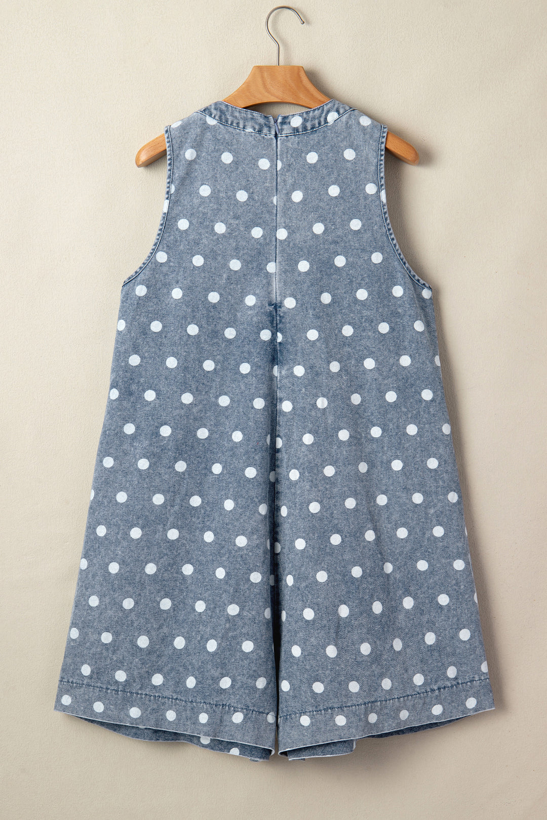 Sky Blue Polka Dot Print Tie V Neck Pleated Loose Denim Romper