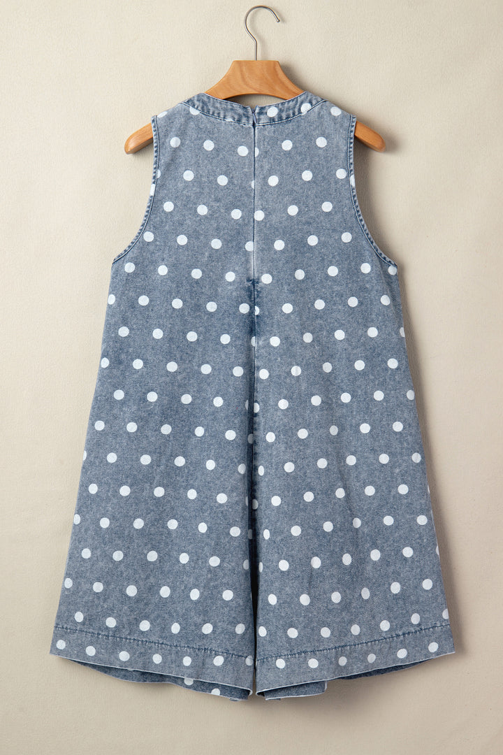 Sky Blue Polka Dot Print Tie V Neck Pleated Loose Denim Romper