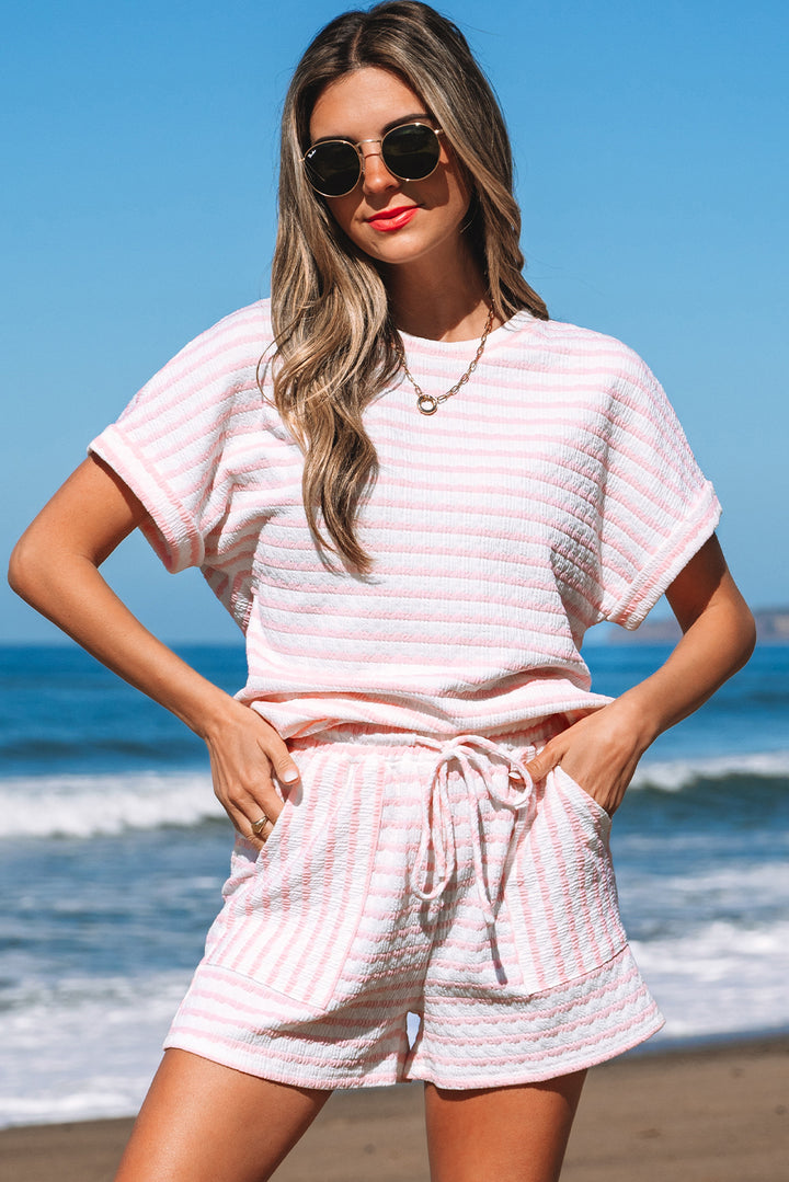 Pink Stripe Knitted Short Sleeve Top and Drawstring Shorts Set