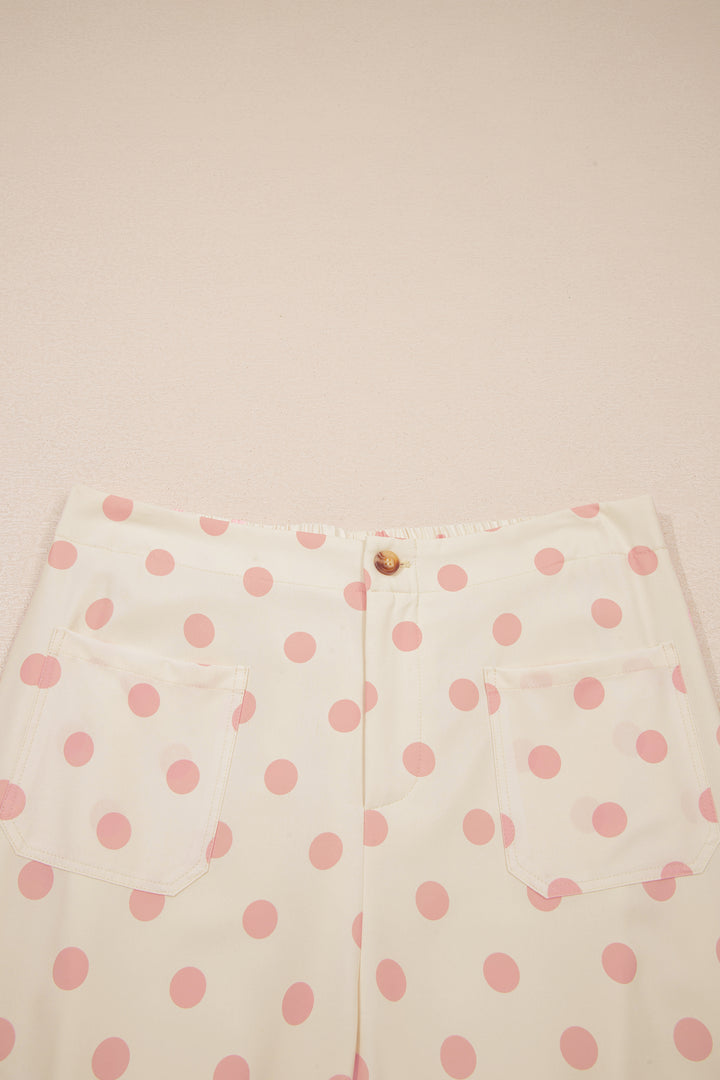 White Polka Dot Print Patched Pocket Loose Pants