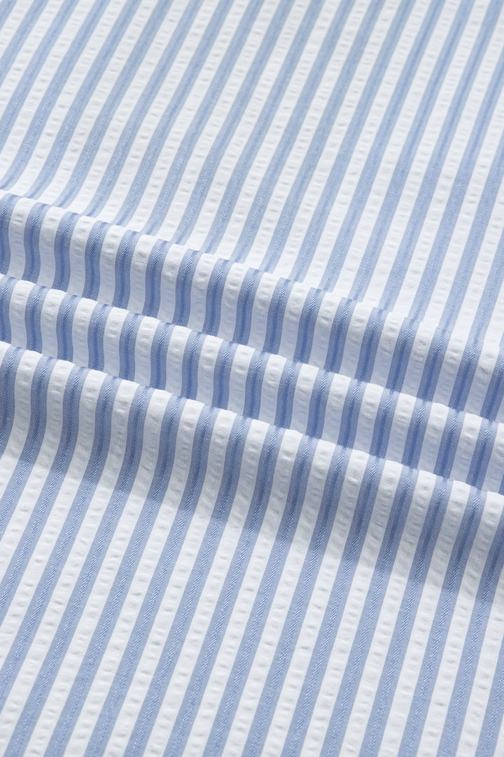 Sky Blue Stripe Plus Size Leopard Patchwork Collar Short Bubble Sleeve Blouse