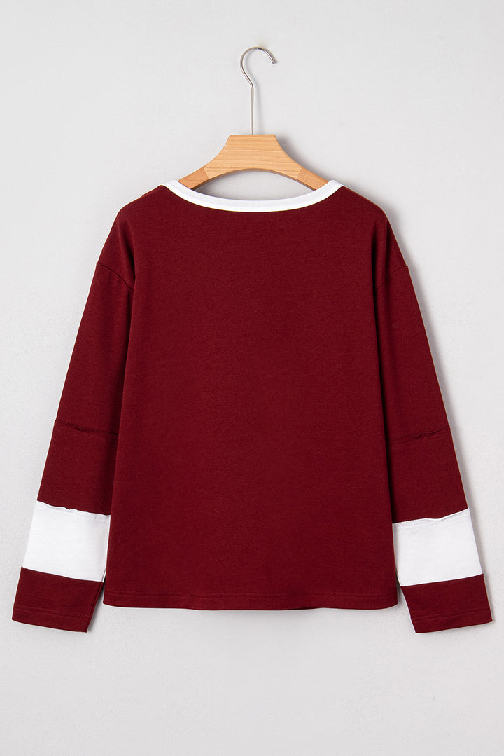 Red Dahlia Cheerful Daisy Flower Patched Round Neck Long Sleeve Top