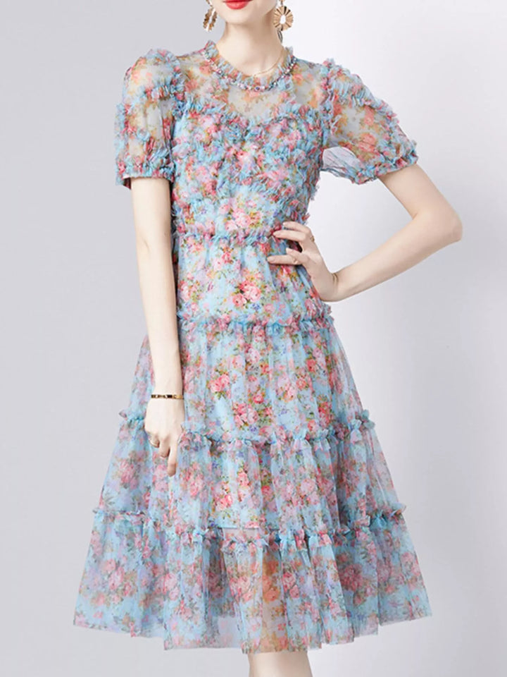 Frill Floral Print Short Sleeve Dress