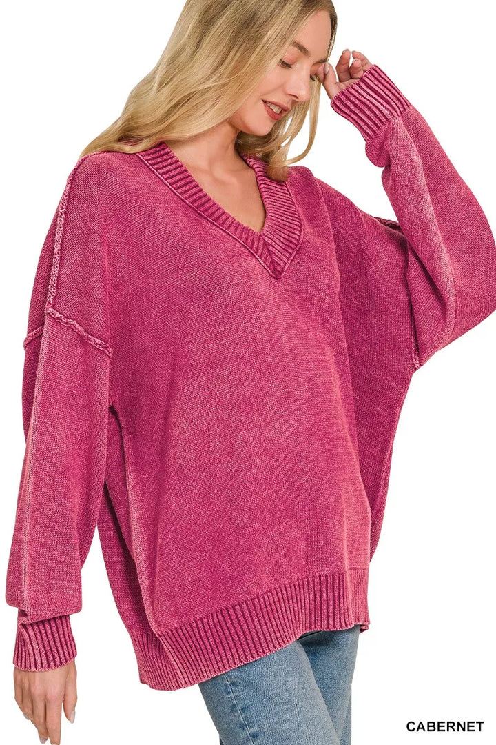 Zenana Washed Deep V-neck Oversized Sweater