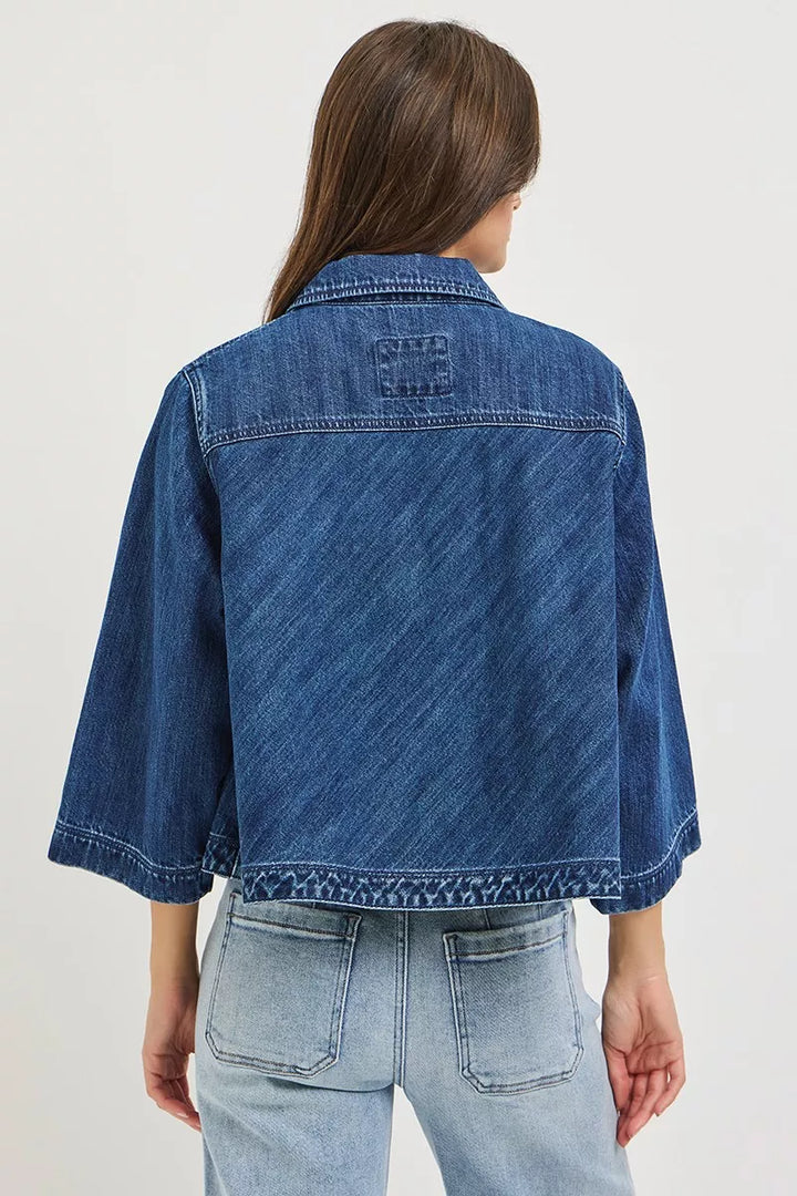 RISEN Double-Breasted Flowy Cropped Denim Jacket