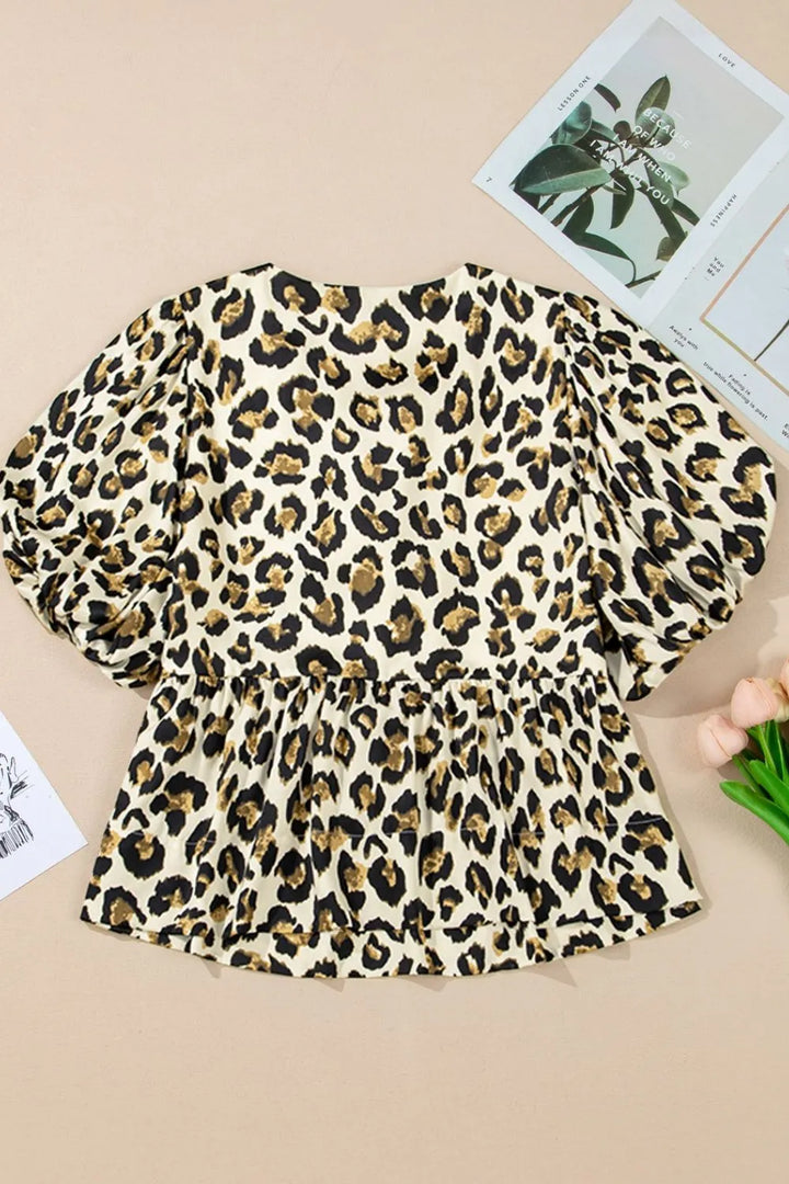 Leopard Bow Tie Front Puff Sleeve Peplum Blouse