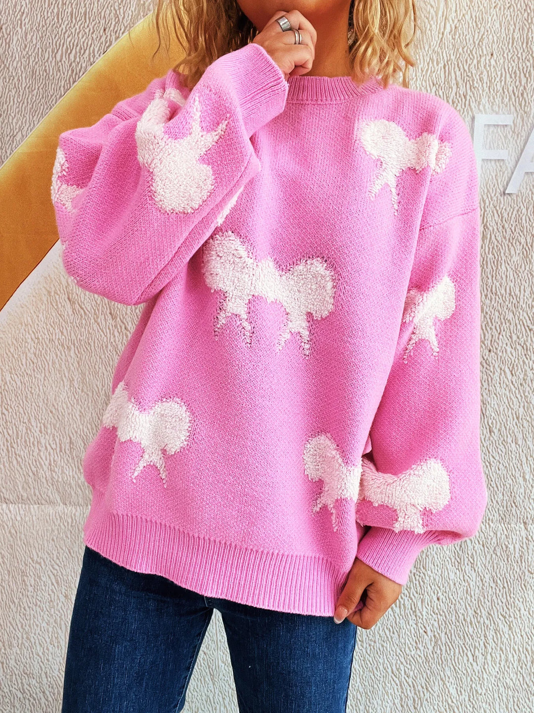 Bow Pattern Round Neck Sweater