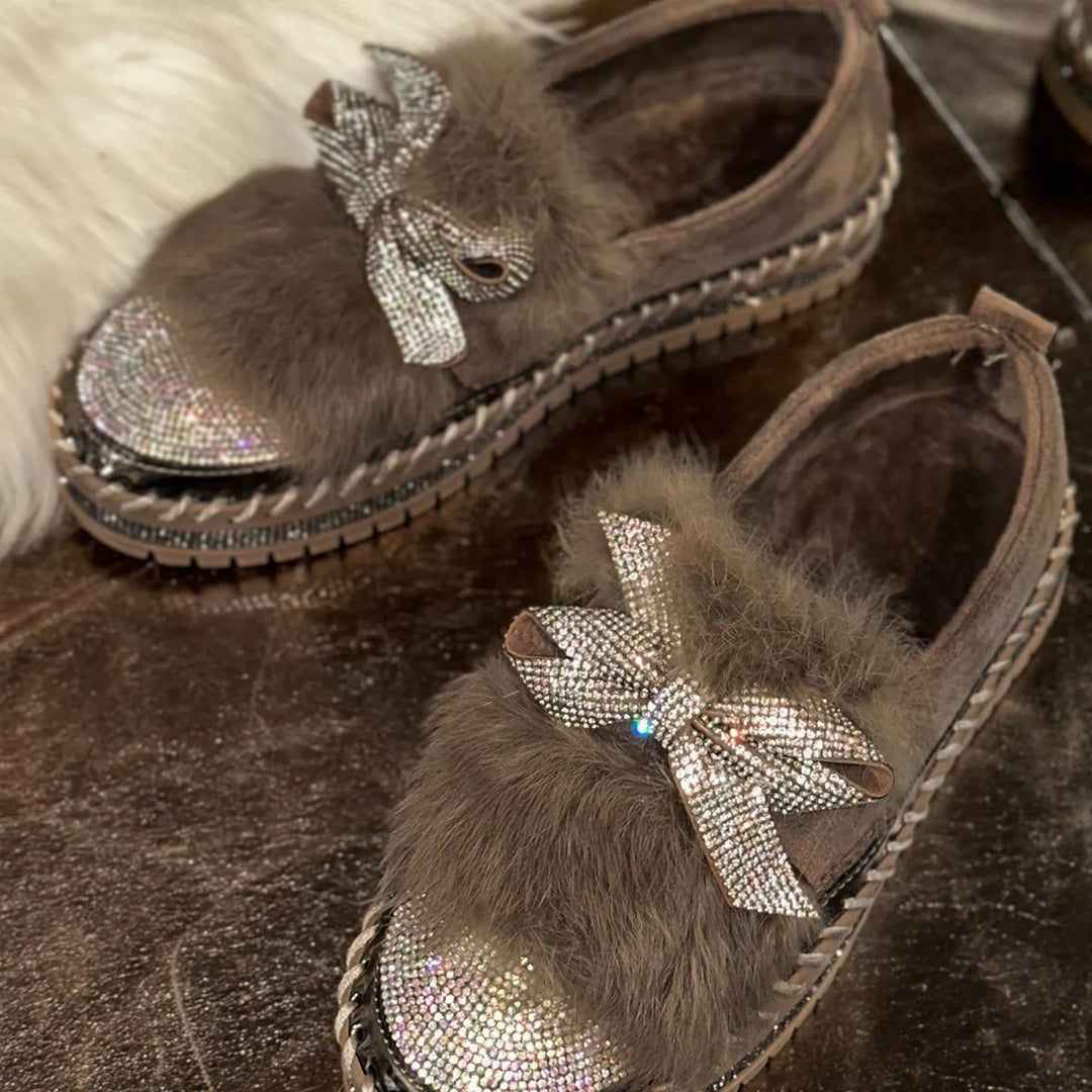 Fuzzy Bowknot Rhinestone Platform Loafers