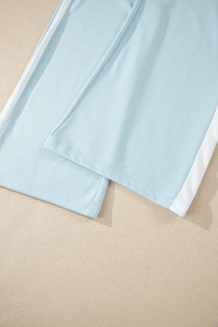 Mist Blue Contrast Trim Round Neck Pocketed Boxy Tank Top Wide Leg Pant Set