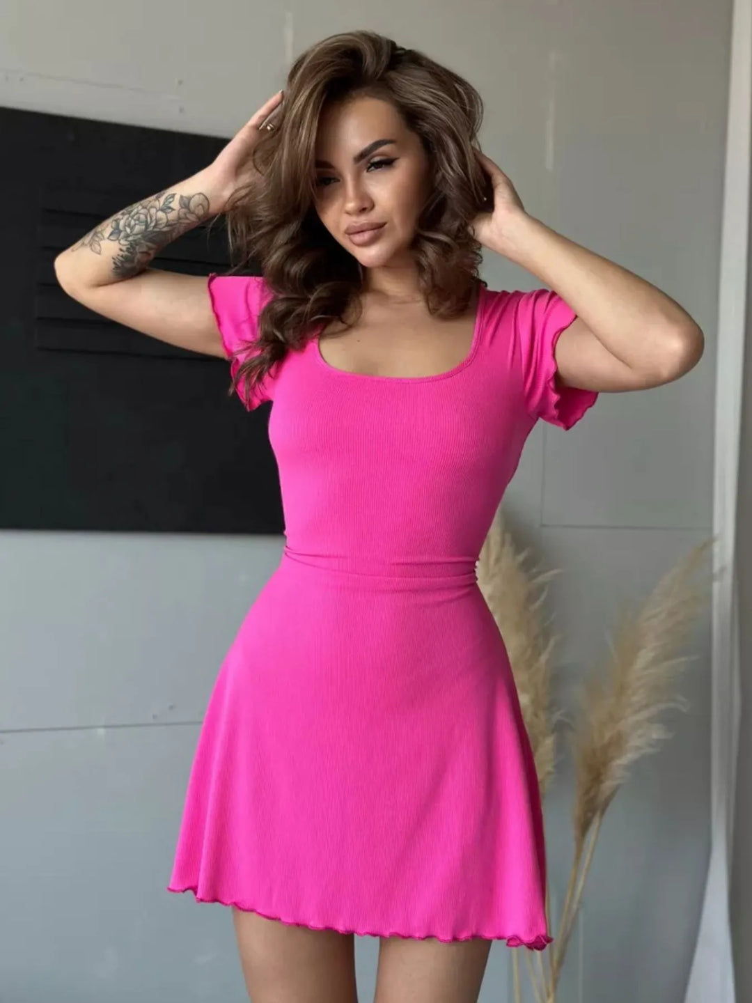 Ribbed Back Lace Up Short Sleeve Mini Dress