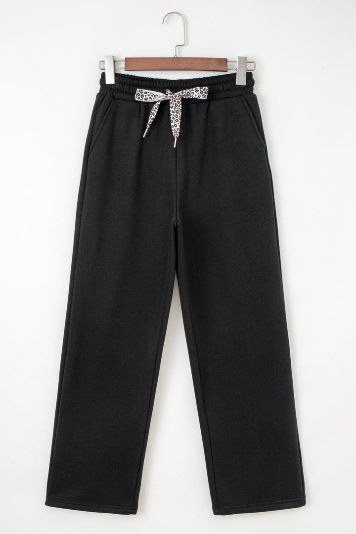 Black Fleece Lined Leopard Drawstring Elastic Waist Solid Pants