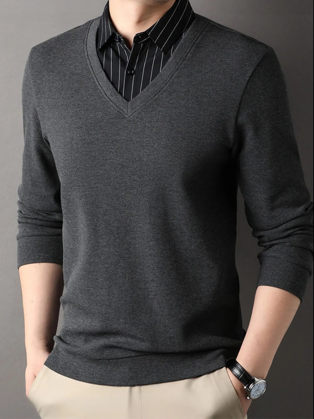 Men's Long Sleeve Striped Collar Polo