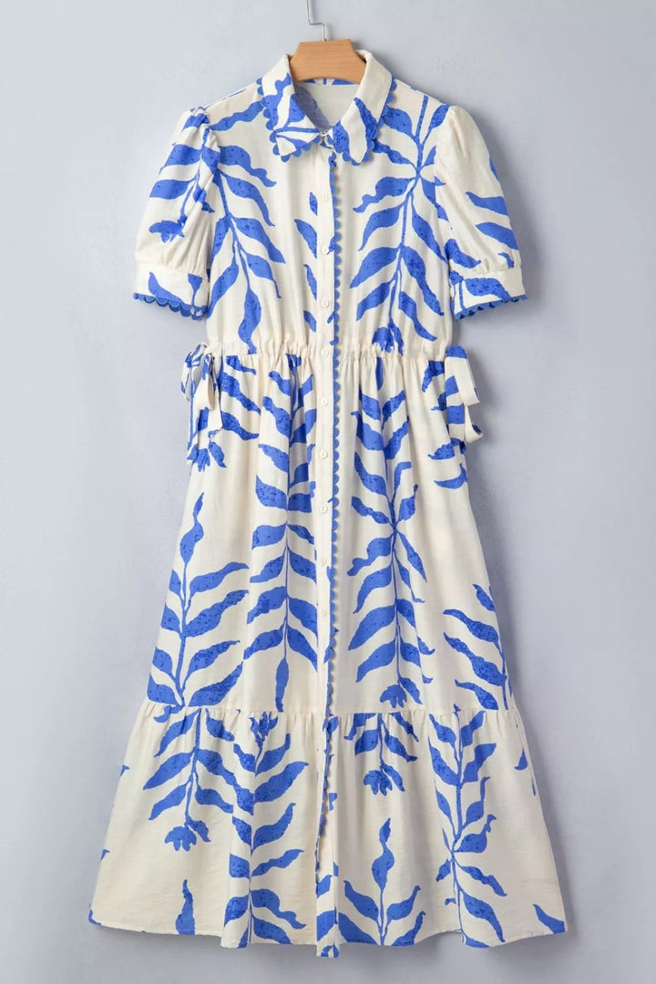 Leafy Botanical Print Side Tie Button Down Maxi Dress