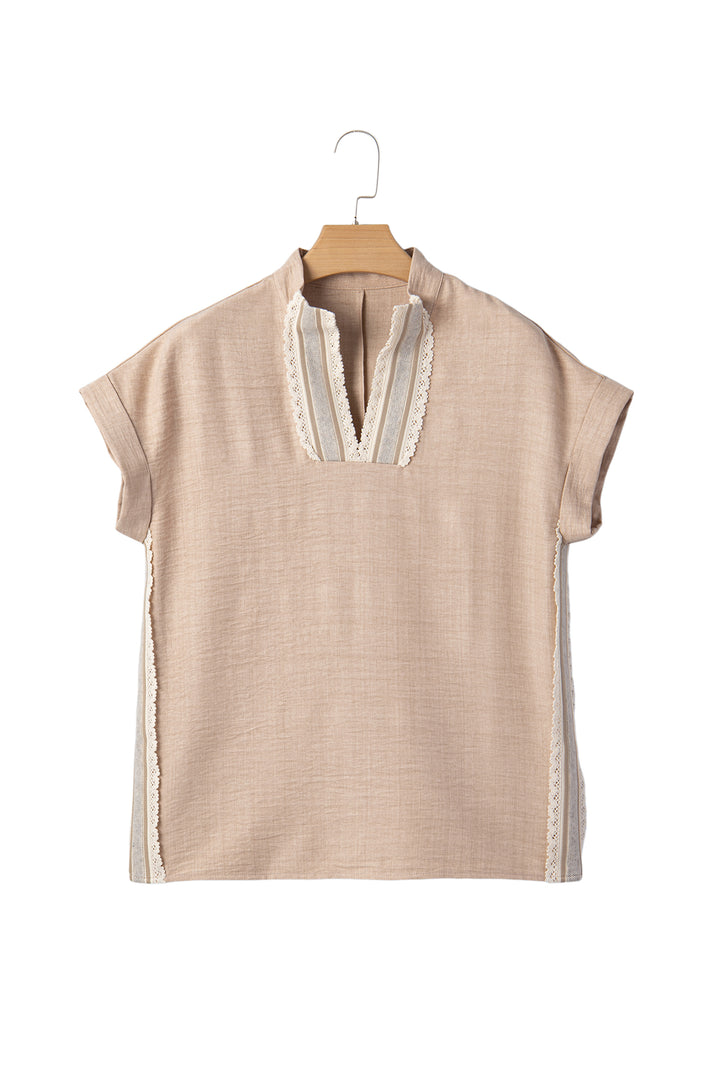 Parchment Crochet Lace Accent Pullover Rolled Short Sleeve Blouse