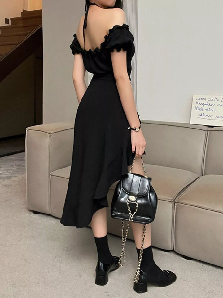 Off-Shoulder Ruffle Hem High-Low Dress