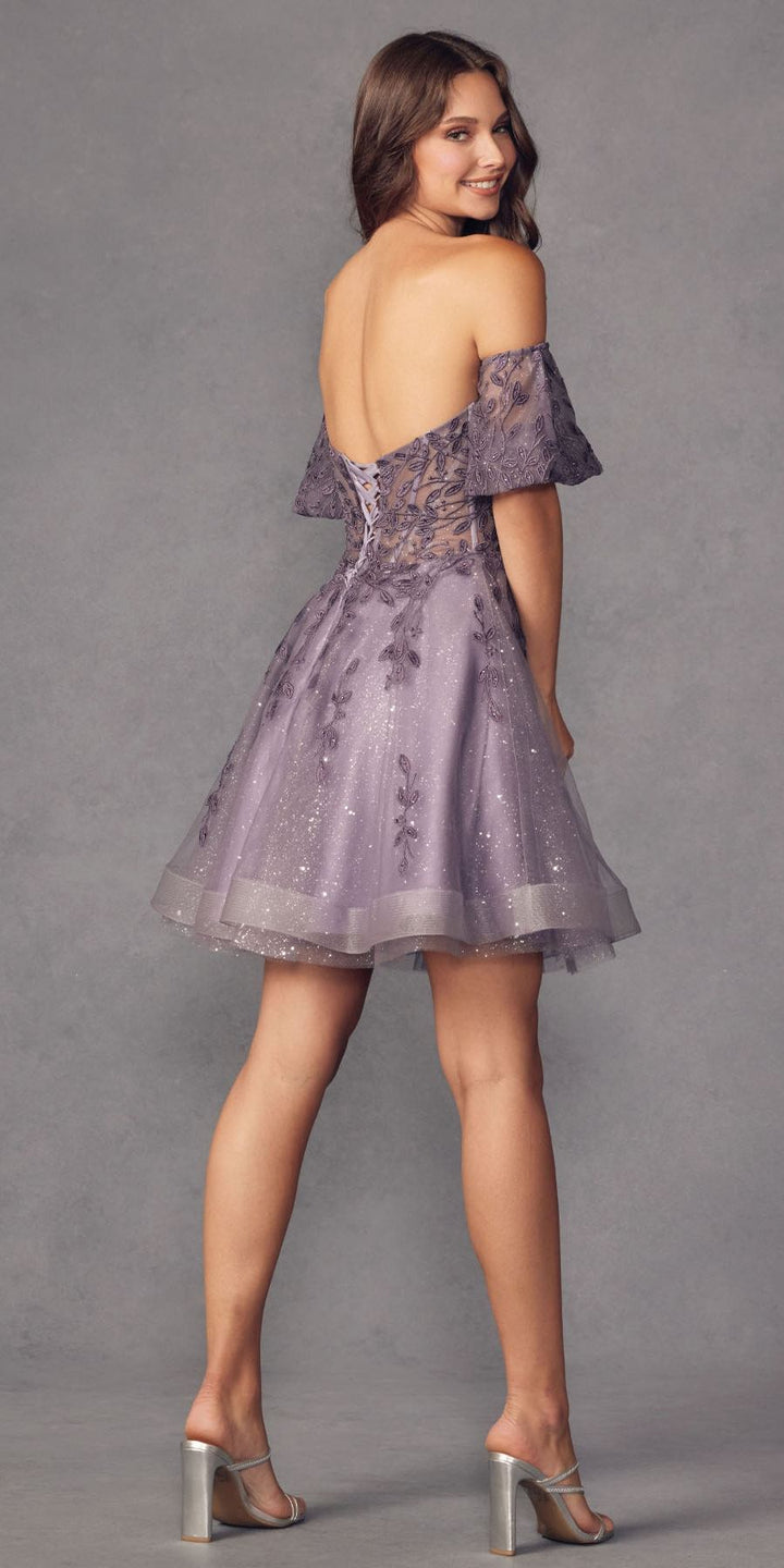 Juliet 909 Short A-Line Glitter Print Dress Removable Short Puff Sleeves