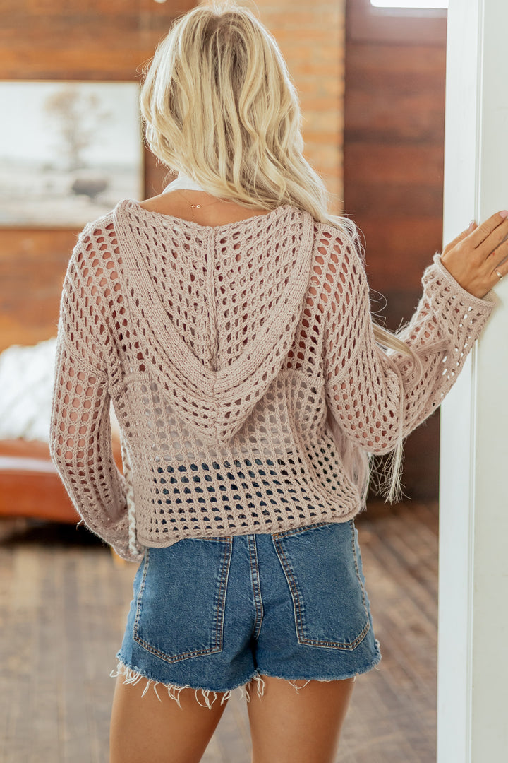Sage Green Star Pattern Crochet Hooded Drawstring Sweater