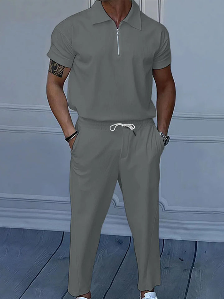 Men's Full Size Quarter Zip Short Sleeve Polo and Pants Set Plus Size