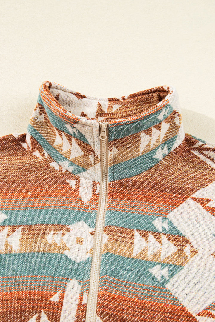 Khaki Quarter Zip Elastic Cuffs Aztec Sweatshirt