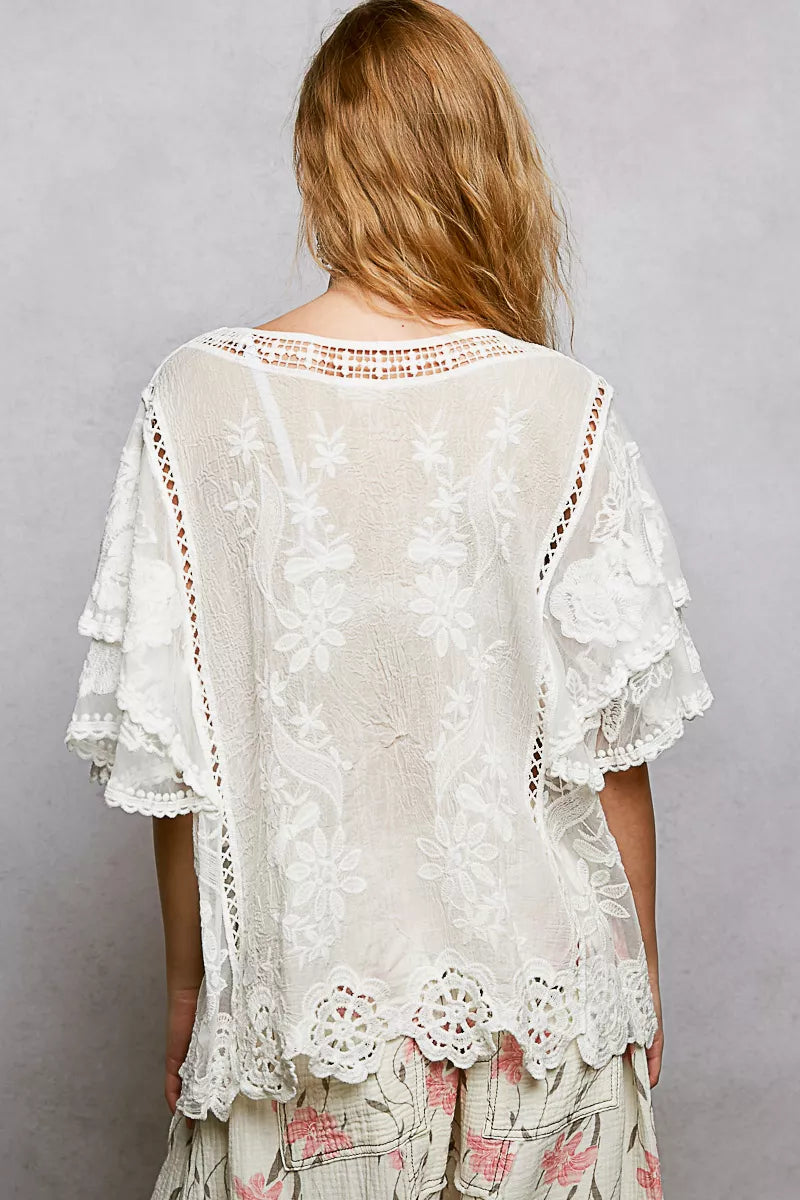 POL Floral Crochet V-Neck Short Sleeve Blouse with Scalloped Hem