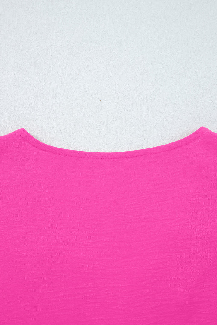 Bright Pink Frilled V Neckline Bracelet Sleeve Crinkled Blouse