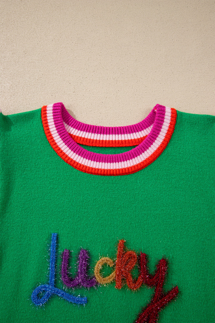 Bright Green Shiny Lucky Striped Flutter Sleeve Round Neck Sweater
