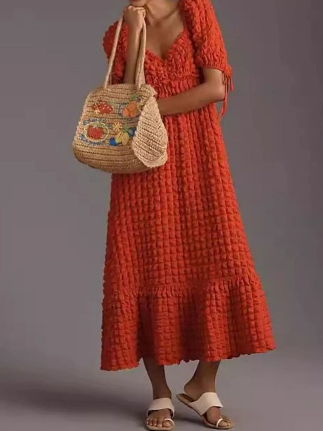 Textured Sweetheart Neck Short Sleeve Dress