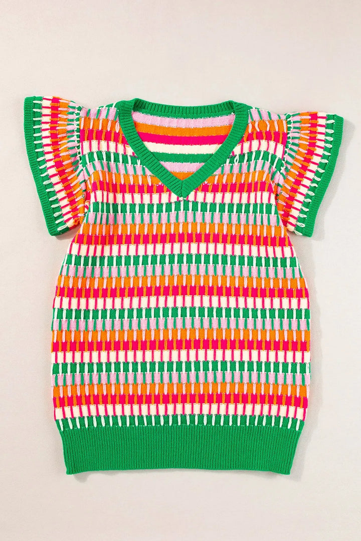 Contrast Striped V-Neck Knit Top