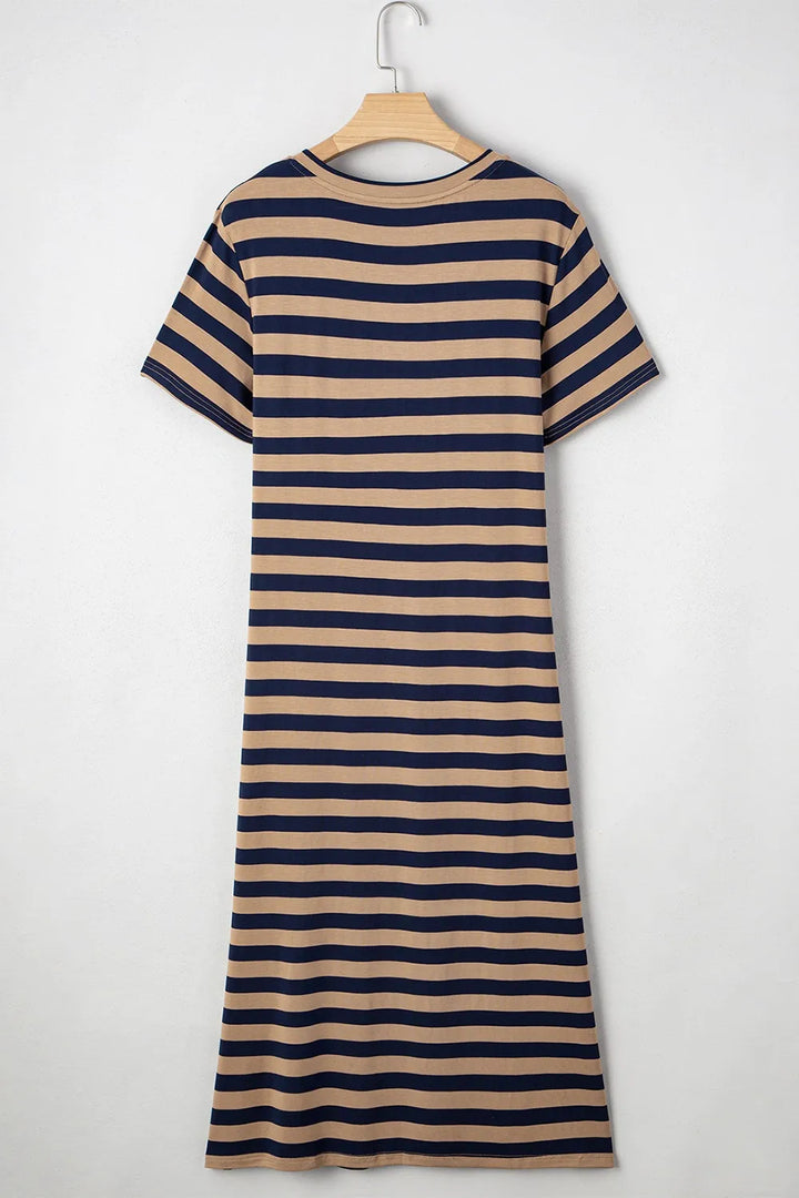 Casual Striped V-Neck Midi T-Shirt Dress
