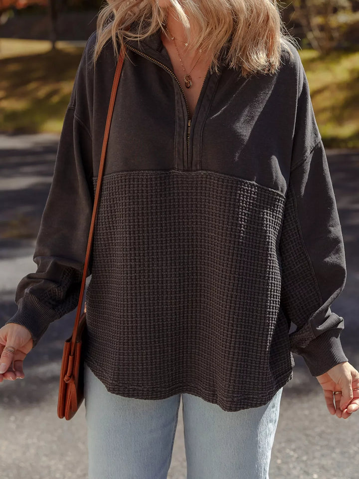 Waffle Knit Patchwork Half Zipped Casual Sweatshirt