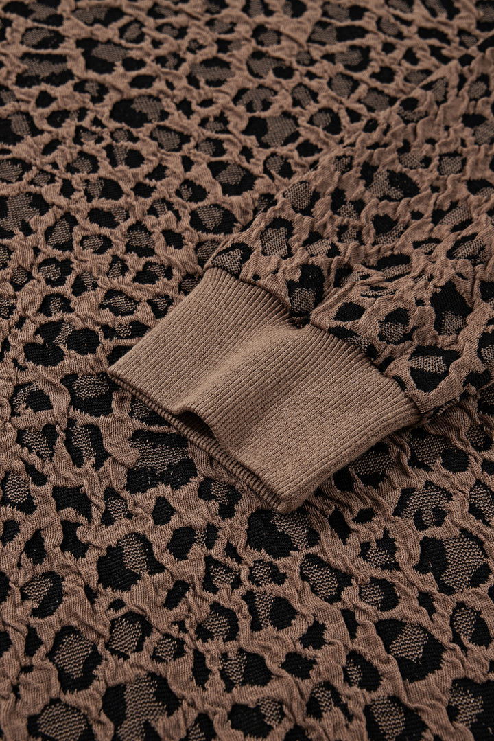 Brown Ribbed Trim Leopard Print Long Sleeve Top