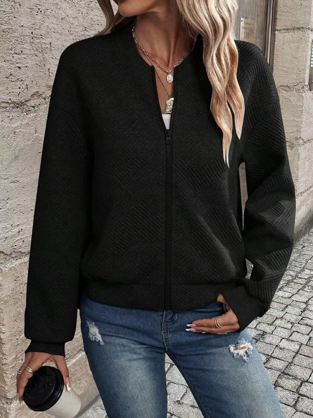 Zip-Up Textured Long Sleeve Jacket