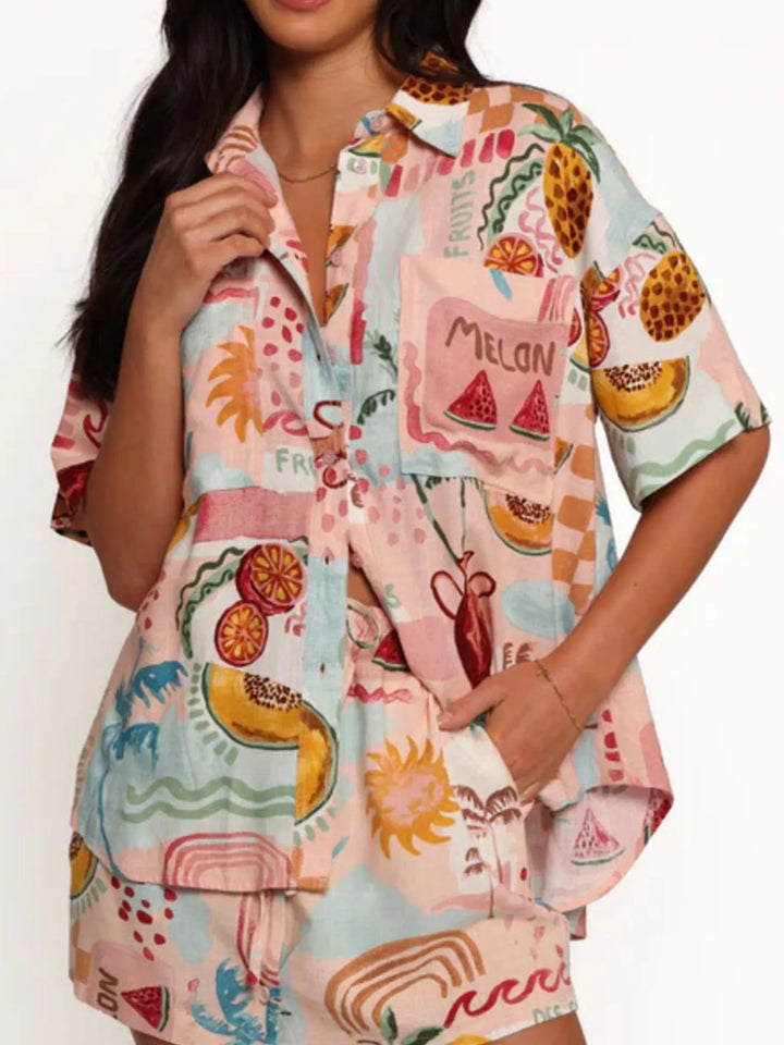 Printed Button Up Shirt and Shorts Set