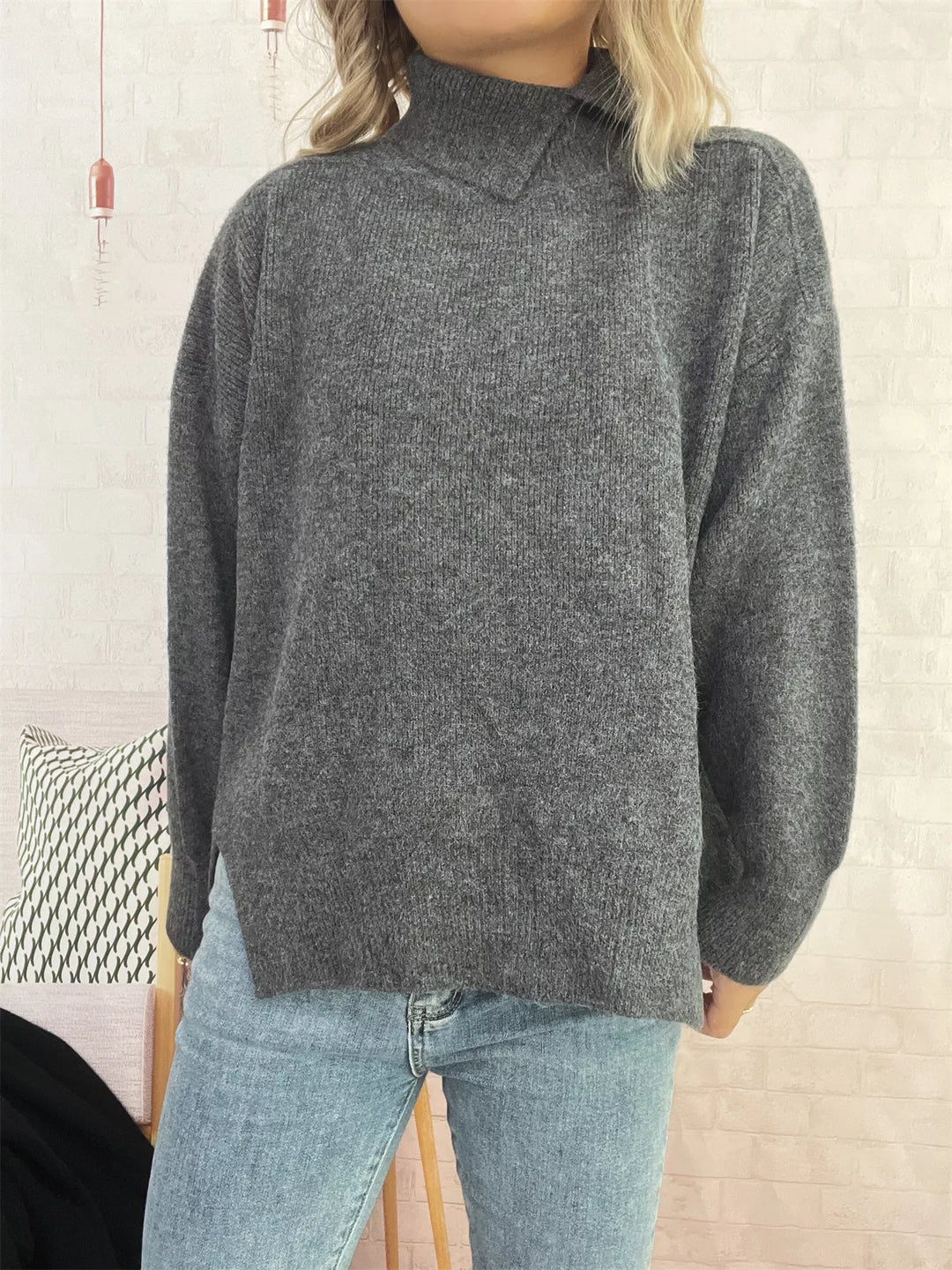 Slit Turtleneck Long Sleeve Sweater
