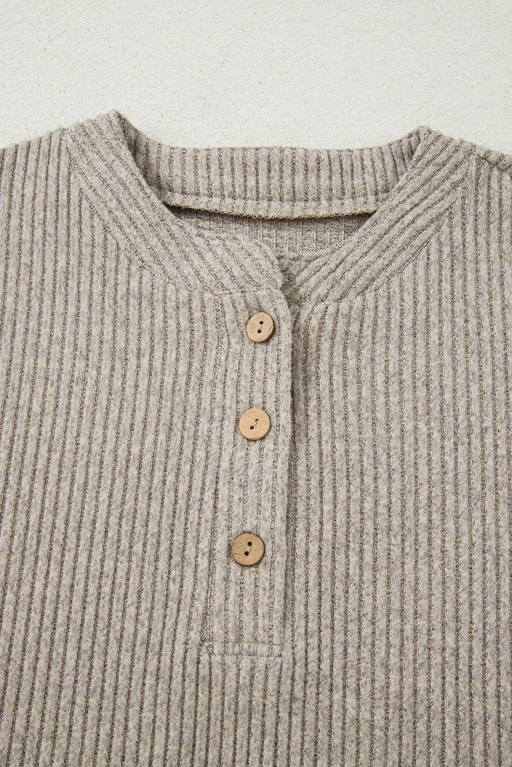 Simply Taupe Ribbed Texture Drop Shoulder Henley Knit Top