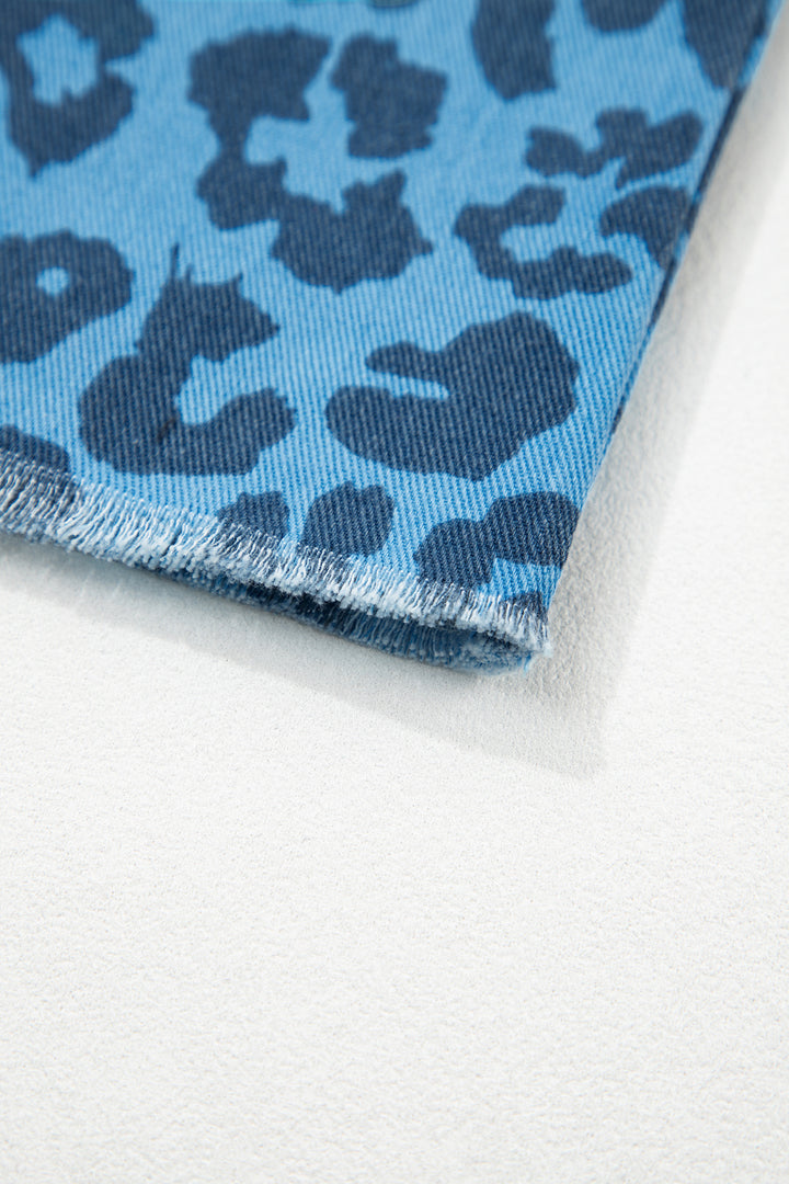 Sky Blue Leopard Denim Frayed Split Denim Midi Skirt