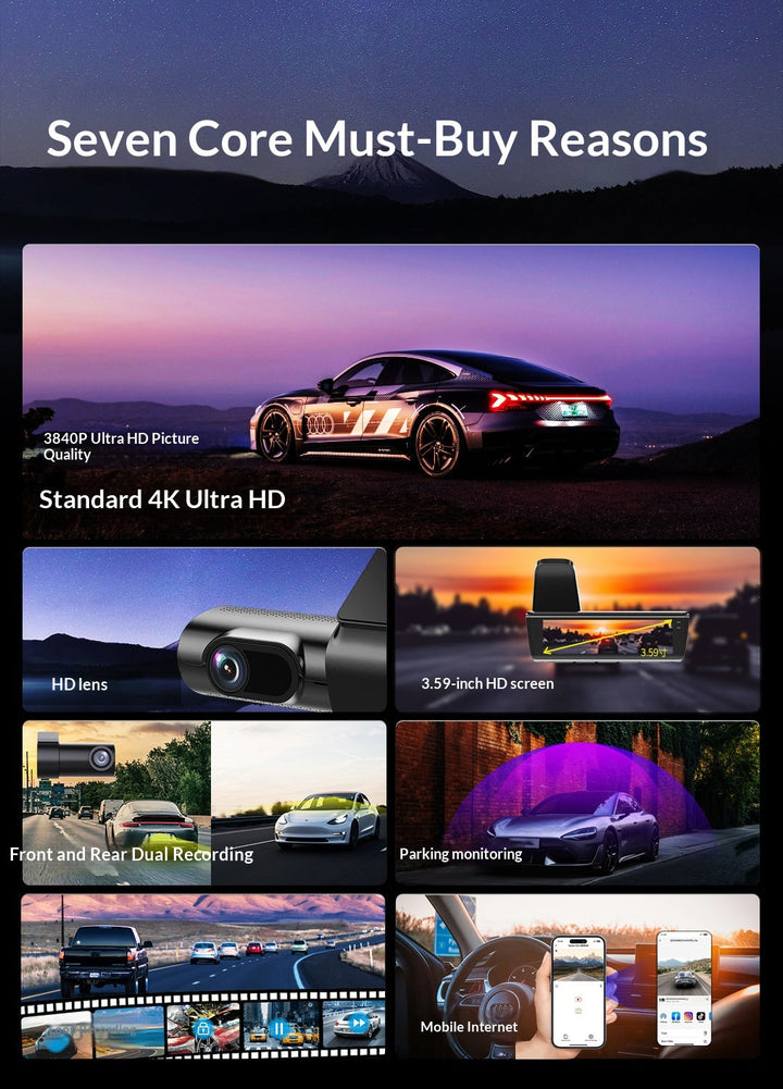 4K Dual Front & Rear Dash Cam, High Definition Car DVR Recorder
