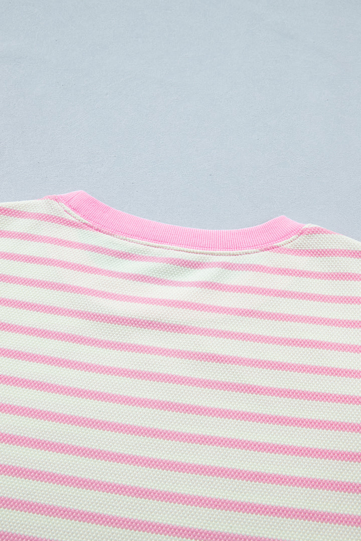 Pink Stripe Ruffled Short Sleeve Patchwork Blouse