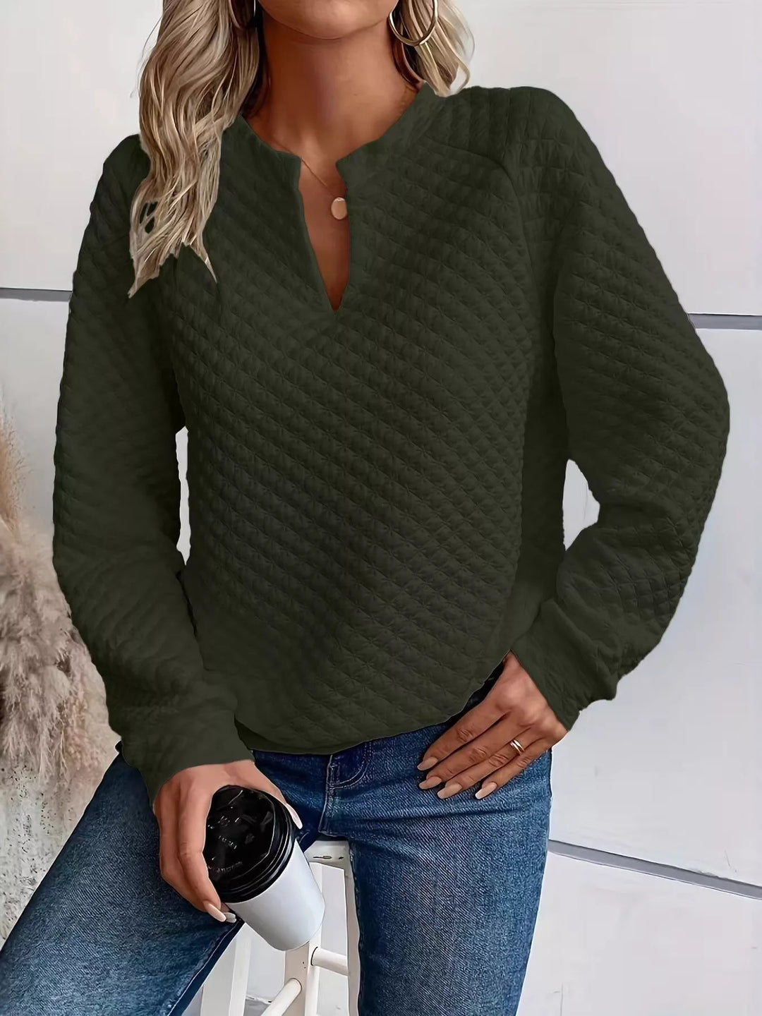 Notched Raglan Sleeve Sweatshirt