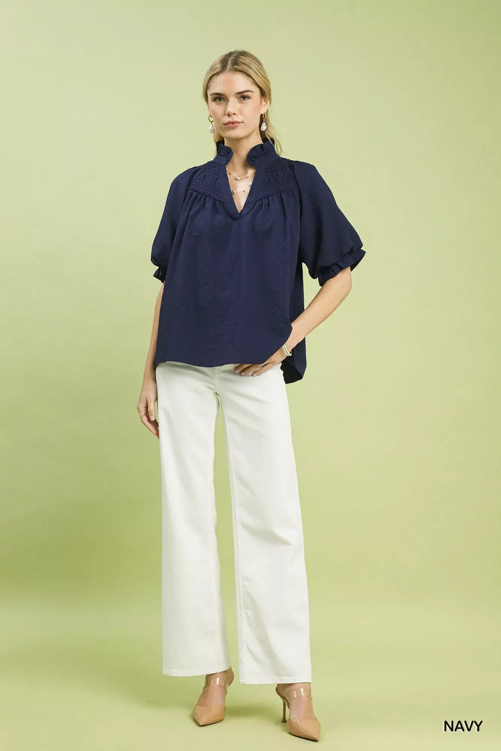 Umgee Textured Smocked Yoke Split-Neck Top