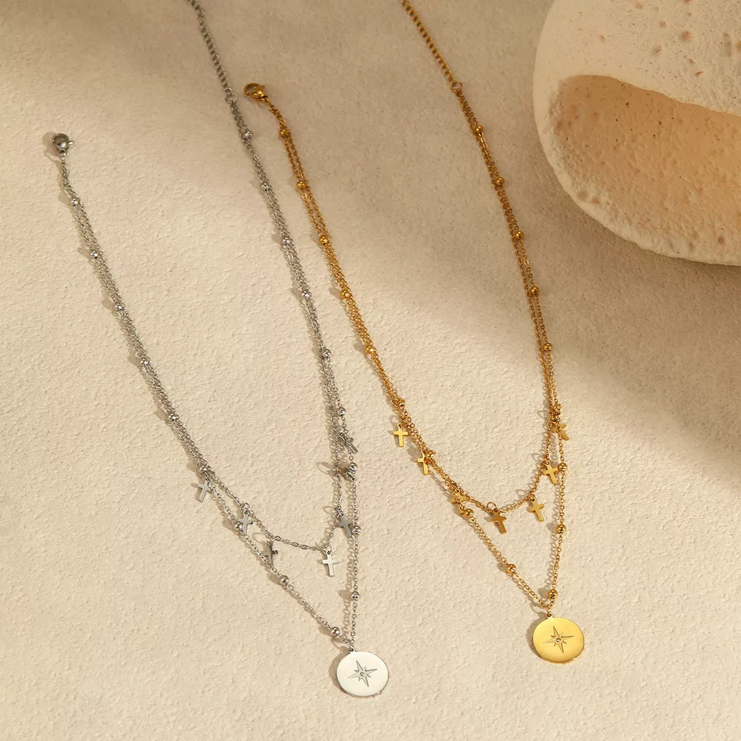 18K Gold-Plated Cross Double Layered Pendant Necklace