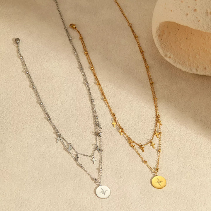 18K Gold-Plated Cross Double Layered Pendant Necklace