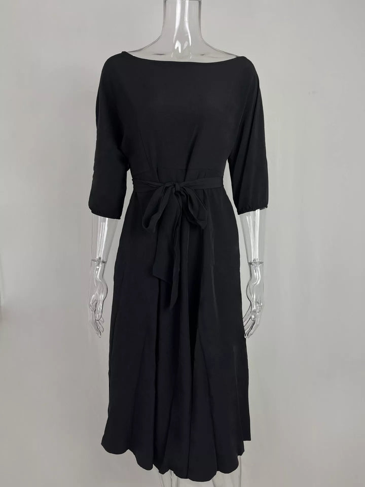 Boat Neck Tie Waist Dress