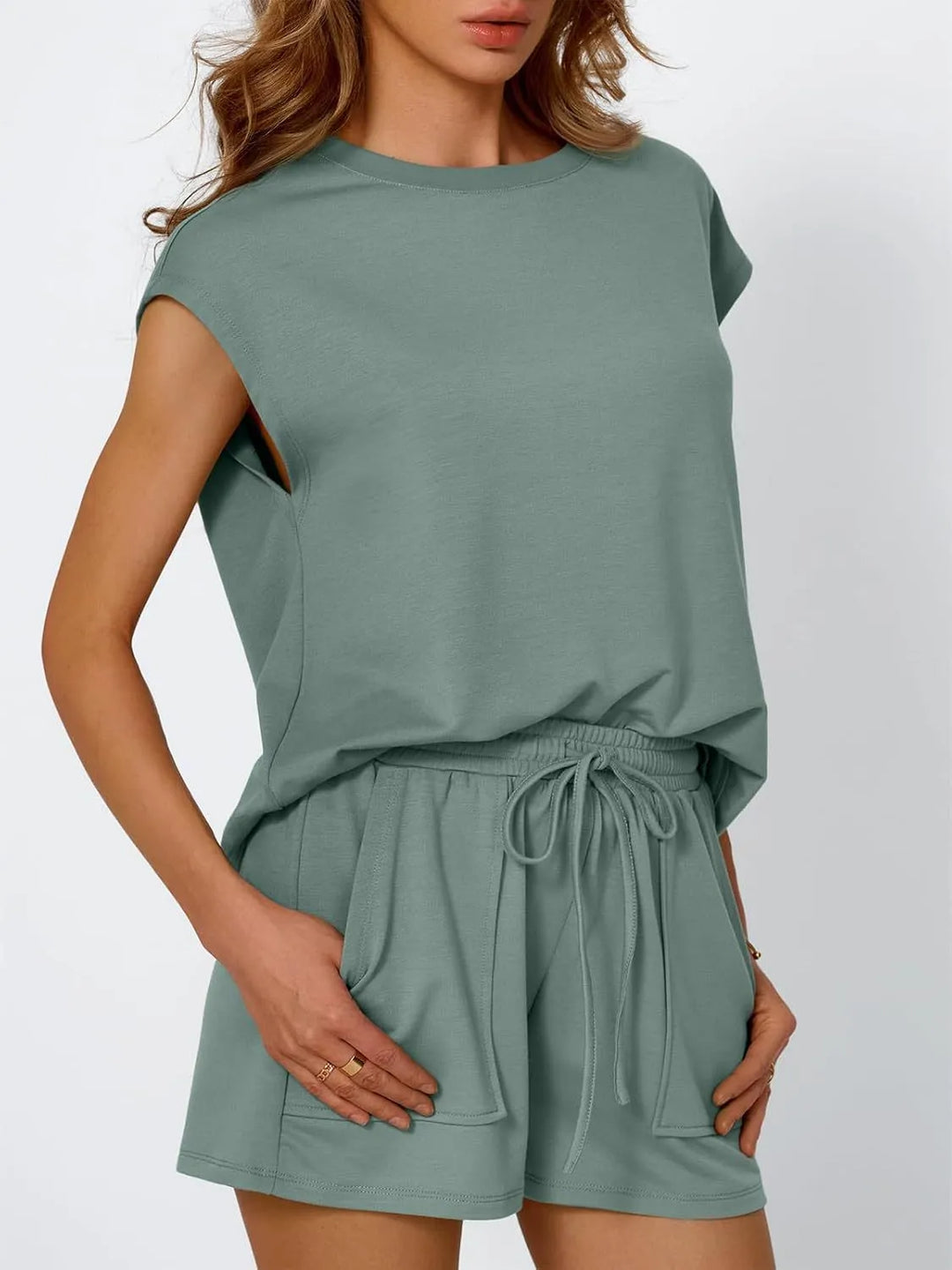 Round Neck Cap Sleeve Top and Shorts Set