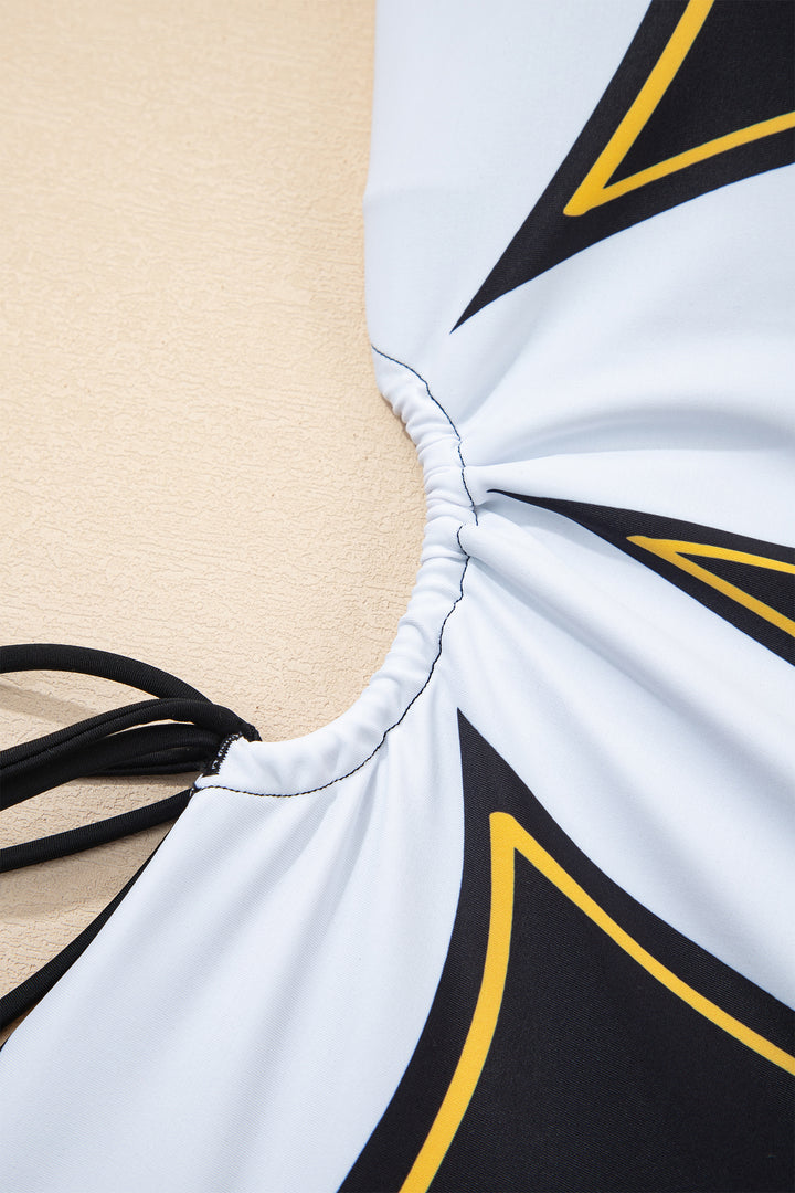 Black Drawstring Big Hole Floral Print Sleeveless One Piece Swimsuit