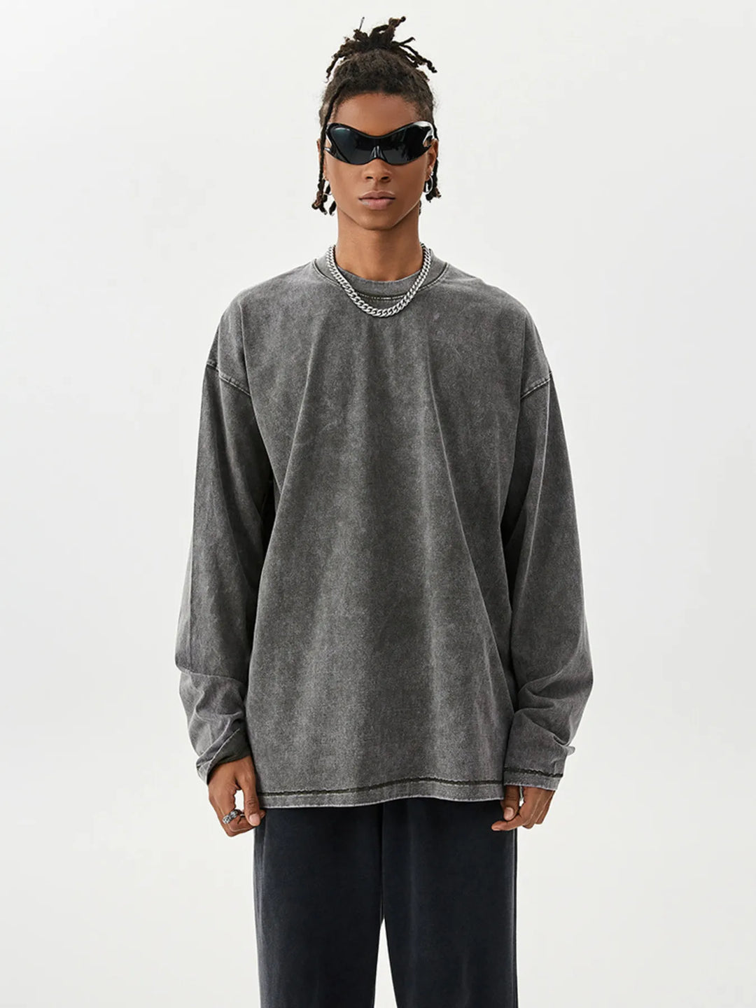 Men's Washed Round Neck Long Sleeve T-Shirt