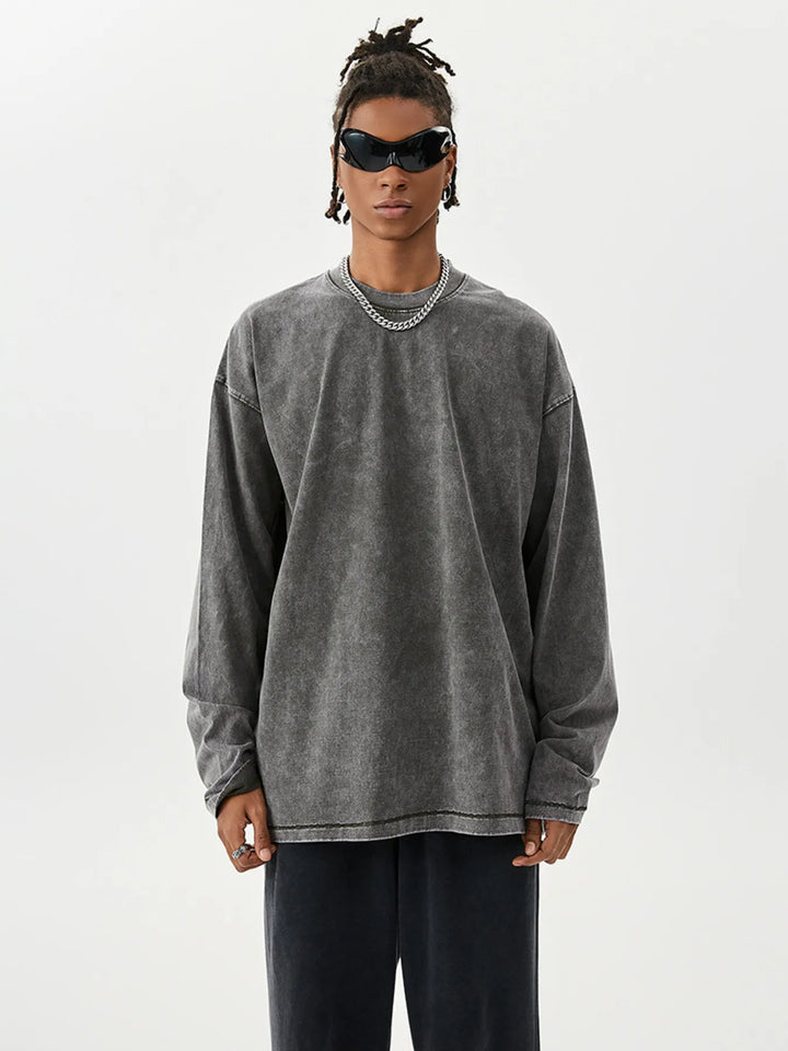 Men's Washed Round Neck Long Sleeve T-Shirt