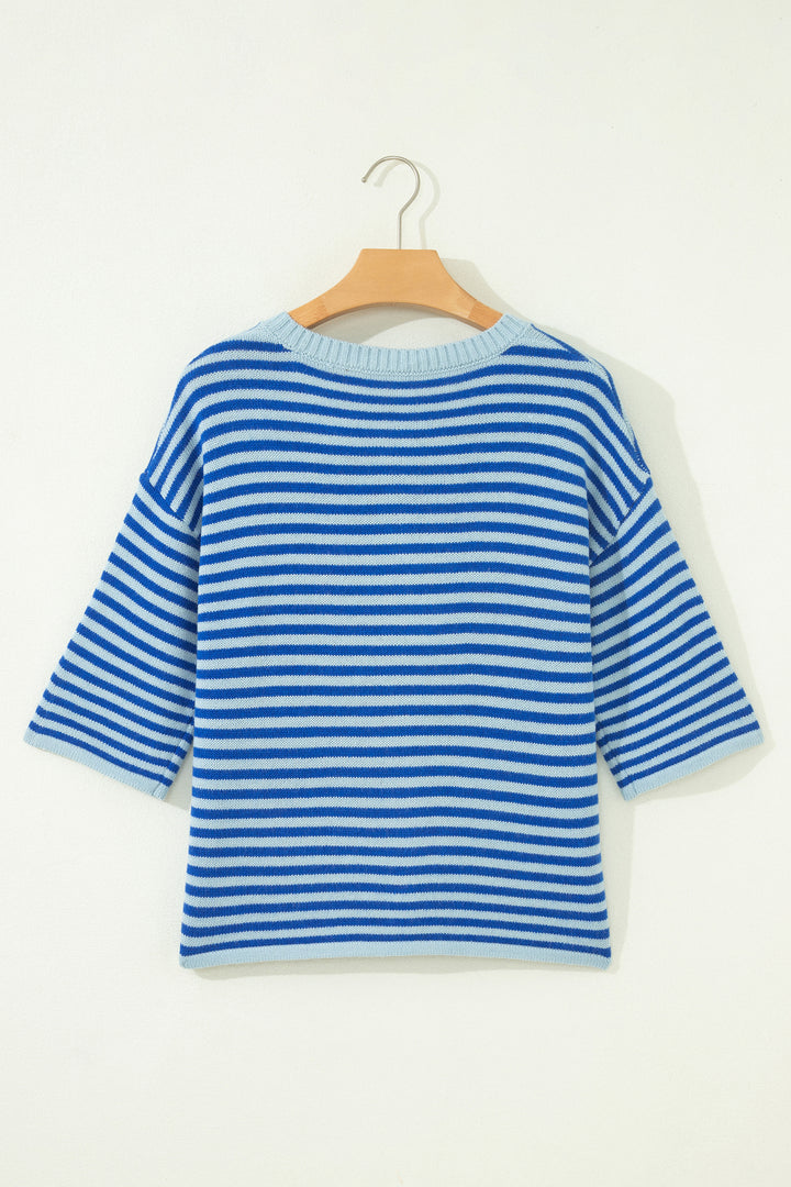 Blue Stripe Loose Half Sleeve Knit Button Down Sweater Cardigan